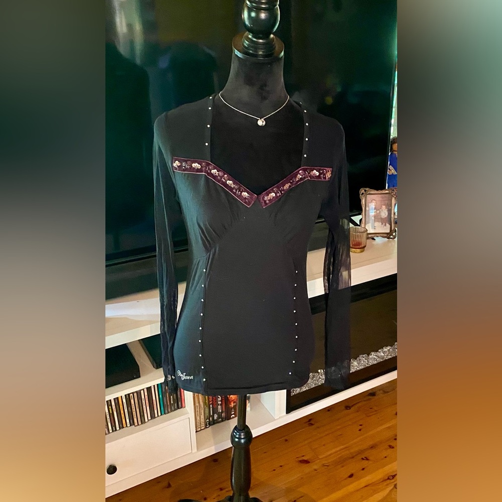 🔥Paco Jeans Y2K Sequins & Rhinestones Mesh Long Sleeve Top🔥 NWT